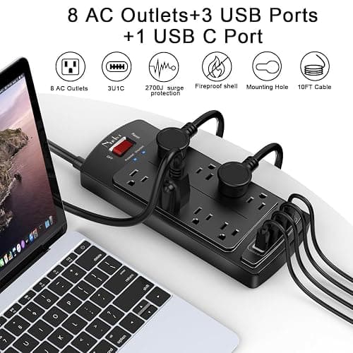 10 Feet Surge Protector Power Strip - Nuetsa Extension Cord with 8 Outlets and 4 USB Ports, Flat Plug, 2700 Joules, for Home, School, College Dorm Room, and Office, ETL Listed, Black thumbnail 2