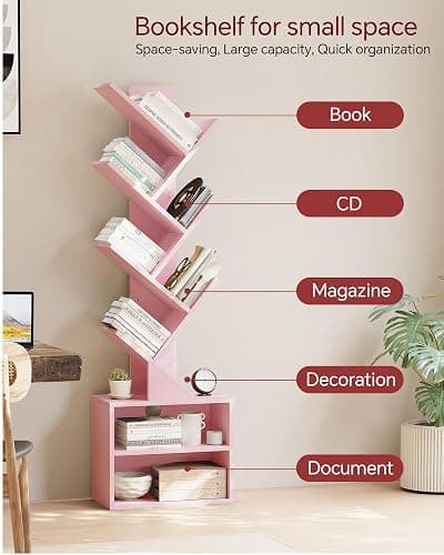 SUNMORY 6 Tier Tree Bookshelf, Tall Bookcase with Storage Cabinet, Modern Narrow Bookshelves Organizer, Floor Standing Book Shelf for Bedroom/Living Room/Home Office/Corner, Pink thumbnail 7