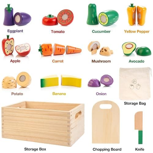 Wooden Play Food Set for Kids Kitchen | Cutting Veggies & Fruits Toy Food Set with Storage Case & Bag, Play Kitchen Accessories, Pretend Play Food for Toddlers 3+ thumbnail 6