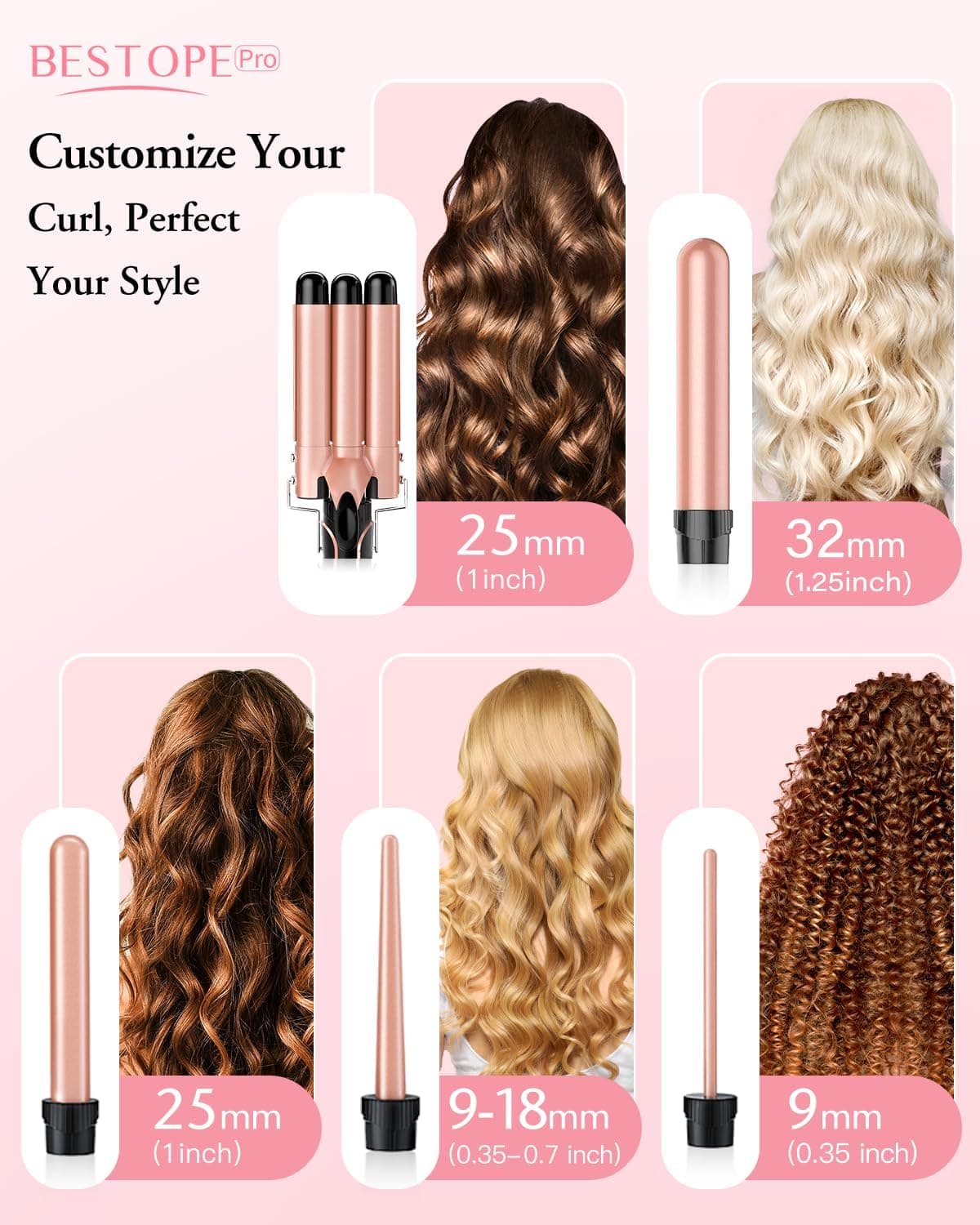 Waver Curling Iron Curling Wand - BESTOPE PRO 5 in 1 Curling Wand Set with 3 Barrel Hair Crimper for Women, Fast Heating Crimper Wand Curler in All Hair Type - Rose Gold thumbnail 2