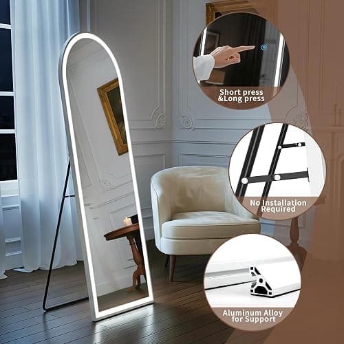Arched Full Length Mirror with LED Lights, 60"x16" LED Floor Mirror with Stand, Body Floor Mirrors with Dimming & 3 Color Lighting, Wall Mounted LED Mirrors for Bedroom, Dressing Room, Cloakroom thumbnail 3
