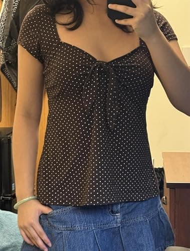 Women Y2K Gingham Babydoll Tops Fairy Grunge Short Sleeve Scoop Neck Shirt Teen Girls Cute Peplum Tops Streetwear thumbnail 5