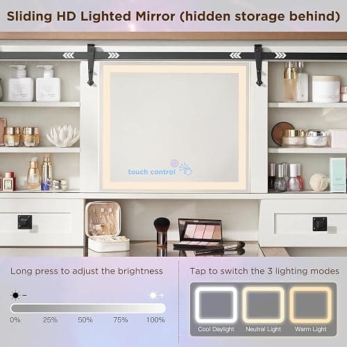 T4TREAM 48'' Farmhouse Makeup Vanity Desk with Sliding HD Mirror and Lights, Big Modern Lighted Vanity Table with 7 Drawers & Shelves, Rustic Large Dressing Table, Antique White thumbnail 4