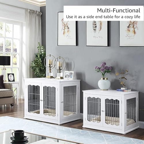 unipaws Furniture Style White Dog Crate for Medium Large Dogs, Indoor Aesthetic Dog Stuff Kennel, Modern Decorative Wood Wire Pet House Dog Cage, Pretty Cute End Side Table Nightstand… thumbnail 4