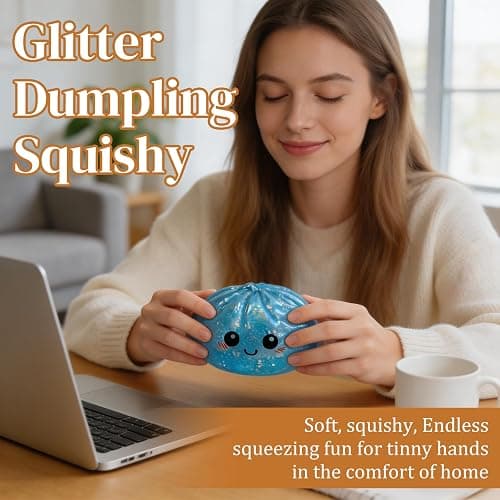 Glitter Dumpling Squishy, Soft Squeeze Stress Relief Fidget Ball with Mini Steamer Box, Colorful Stretchy Decompression Sensory Toy for Adults & Kids (Glitter White) thumbnail 6