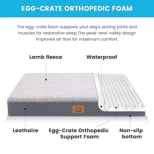 Sunheir Orthopedic Dog Bed for Large Dogs - Big Waterproof Dog Crate Bed with Removable Washable Cover, Egg Crate Foam Support, Anti-Slip Bottom, Deluxe Plush Pet Bed Mat (Grey) thumbnail 2