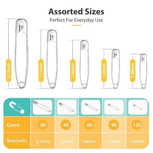 Huhuhero 340 Pack Safety Pins Assorted, Small & Large Heavy Duty Safety Pins for Clothes Costume Sewing, 5 Different Sizes Nickel Plated Steel Pin Bulk, Crafts Art Supplies, Silver thumbnail 2