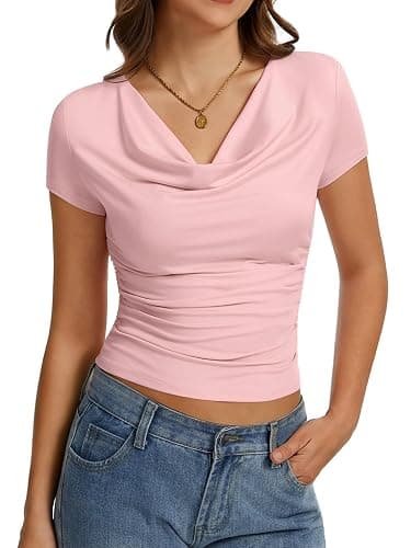 Women's Cowl Neck Tops Short Sleeve Slim Fit Ruched T-Shirts Summer Casual Dressy Business Blouses Going Out Top - Image 1