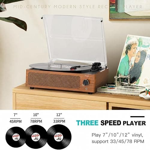 Seasonlife® Vinyl Record Player with Speakers,Retro Brown Vintage Turntable | All-in-one Beginner LP Players,Wooden Old-school Phonograph,Belt-Driven,3-Speed,BT Wireless Input,Headphone,AUX,RCA,Auto Stop thumbnail 3