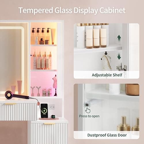 HAUOMS Big Vanity, Fluted Wood Makeup Vanity Desk with Mirror and Sound Sync LED Lights, Large Vanity Dressing Table, 8 Drawers, Charging Station for Girls, Women (White, 51.2" Width) thumbnail 6