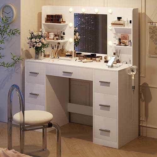 YESHOMY Vanity Desk with Mirror, Power Outlet and 10 Lights, Makeup Table with 7 Drawers, 3 Color Modes Available for Bedroom, White thumbnail 8