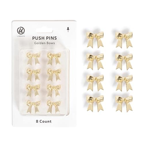 U Brands Mini Fashion Small Push Pins Set, Gold Bows, 8 Count, Office Supplies for Classroom or Office Decor, Cute Pins for Cork Bulletin Boards - Image 1