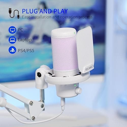 FEELWORLD VM1 White Gaming PC USB Microphone Condenser Mic with Noise Cancellation Mute RGB Light, Computer Accessories Gifts for Gamer YouTube Twitch Podcast Streaming Recording Online Chat PS4 PS5 - White thumbnail 5
