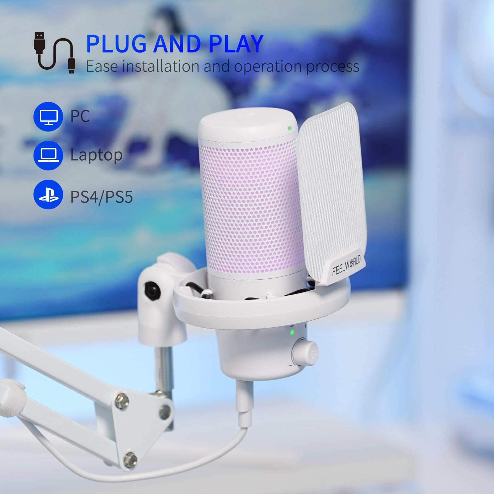 FEELWORLD VM1 White Gaming PC USB Microphone Condenser Mic with Boom Arm Noise Cancellation RGB Light Mute, Computer Accessories for Gamer YouTube Twitch Podcast Streaming Recording Chat PS4 PS5 thumbnail 5