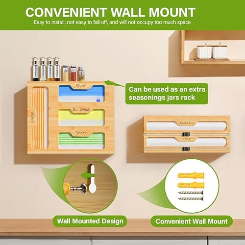 KOCWELL Bamboo Bag Storage Organizer - 2 Wrap Dispenser with Cutter & 4 Slots Food Storage Bags Container - Kitchen Drawer Plastic Bags Storage Organization for Gallon Quart Sandwich Snack Bags thumbnail 4