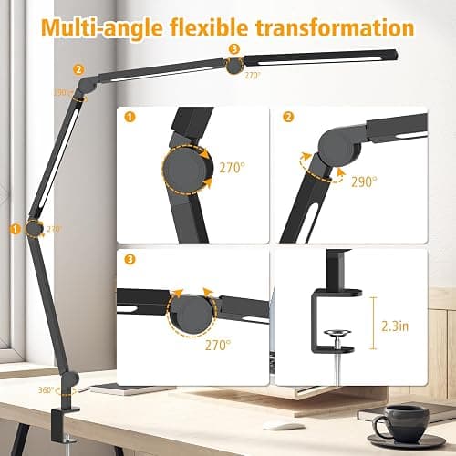 AILBTON LED Schreibtischlampe mit Clip,Mehrwinkel-Flexible 4 Abschnitte 3 Lichtquellen Büroschreibtischlampe,4 Farbtemperaturen und 5 Helligkeitsstufen,Nachtaugenpflege Tischlampe für Zuhause Büro thumbnail 6