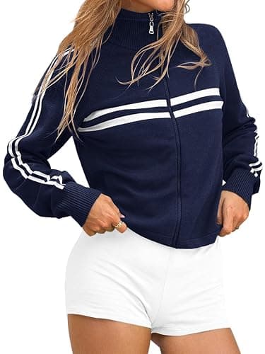 Trendy Queen Women's Knit Zip Up Jackets Trendy Color Block Y2K Sweater Coats 2024 Mock Turtleneck Gym Workout Clothes - Image 1