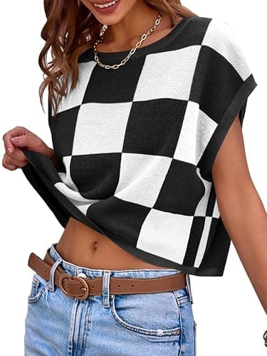 Saodimallsu Womens Cap Sleeve Crop Tops Summer Color Block Going Out Crew Neck Knit Trendy Casual Sweater thumbnail 3