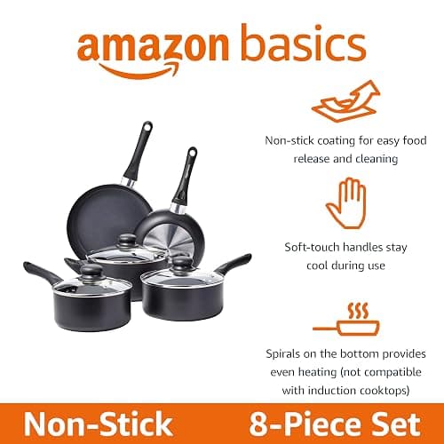 Amazon Basics Ceramic Non-Stick Cookware 8-Piece Set, Pots and Pans, Black thumbnail 4