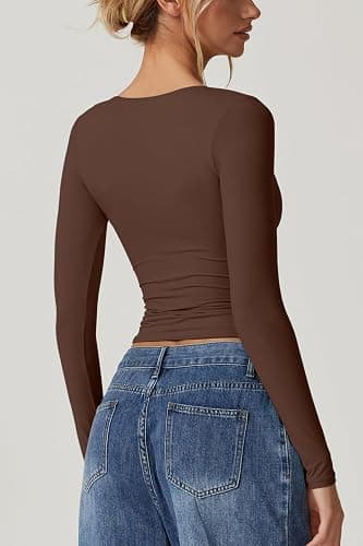 QINSEN Women's Long Sleeve V Neck T Shirts Double Lined Crop Top Seamed Cup Going Out Tops thumbnail 2