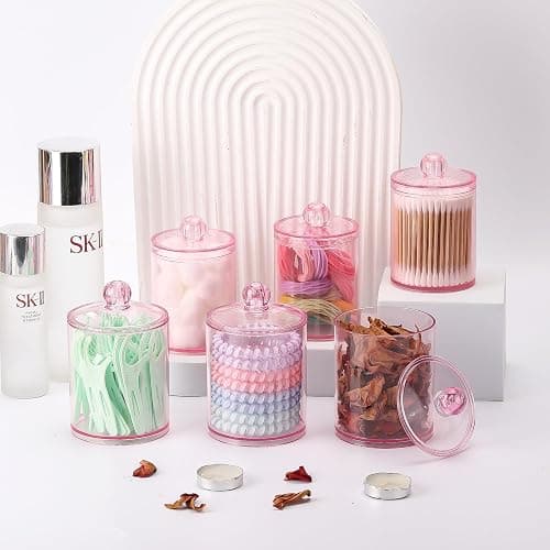Tbestmax 6 Pack Qtip Holder - 12 oz, 10 oz Bathroom Organizer and Storage Containers, Plastic Apothecary Jars with Lids for Cotton Ball, Cotton Swab, Floss, Pink thumbnail 5