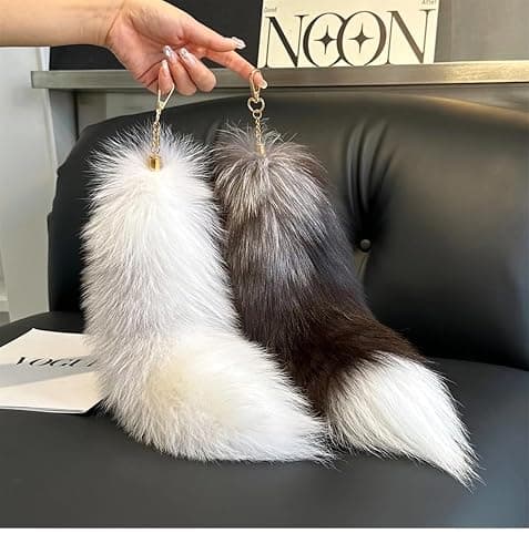 ASkinds Fluffy Fox Tail Fur Keychain Cosplay Toy Party Costume Furry Wolf Tails Handbag Accessory Key Chain Ring Hook for Women(White+Black) thumbnail 4