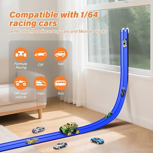 KETIEE Flex Tracks 16Ft for Kids: Flexible Race Car Ramp Track with 4 Small Racecars and 8 Suction Cups Compatible with Diecast 1/64th Cars, Rolls Up Portable Racetrack for Ages 3 & Up thumbnail 3