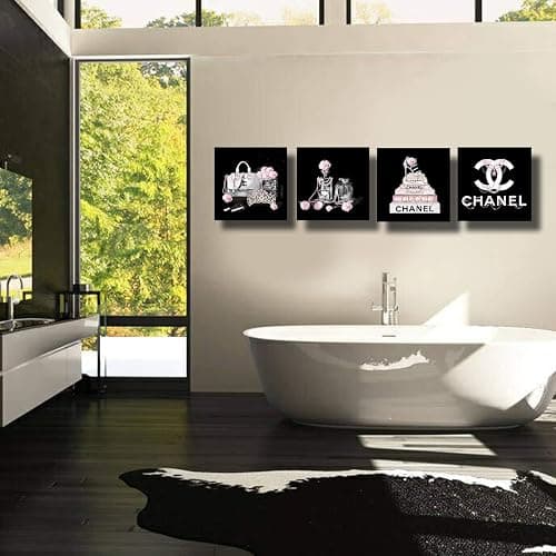 Meetdeceny Black And White Wall Art/Pink Book Pictures Room Decor for Teen Girls/Women Handbag Perfume Wall Decor for Living Room/Fashion Canvas Artwork Size 10"x 10"x 4 Pieces thumbnail 6