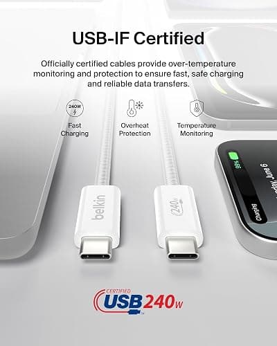 Belkin USB C to USB C Cable, 6.6ft, 240W - Type C Charger, iPhone Charger Cord, Soft, Braided, Flexible for iPhone 17, Galaxy S25, Pixel 10, MacBook, Chromebook, iPad Pro, Switch Steam Deck – White thumbnail 4