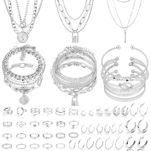 CHICUTIE Gold Jewelry Set For Women,14k Gold Plated Multi Layer Necklaces Bracelets Hoop Earrings Set Stackable Knuckle Rings, Trendy Elegance Charms Non Tarnish Minimalist Textured Boho Jewelry Gift - Image 1