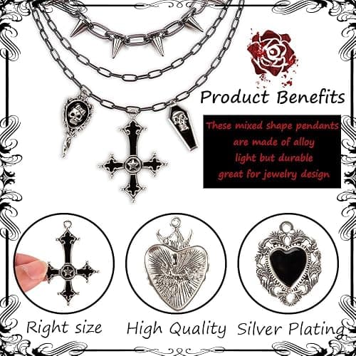 Giata11 Pcs Large Gothic Style Black Cross Skull Tombstone Heart Pendants Goth Halloween Charms for Jewelry Pendants Making DIY Craft Supplies thumbnail 2