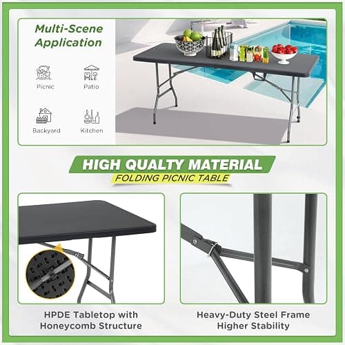 BestOffice Outdoor Folding Camping Table Plastic Table Portable Square Height Dining Table Perfect for Picnics,Parties,Party and Camping,Black thumbnail 5