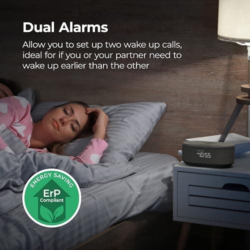 i box Dawn FM Radio, Bluetooth Wireless Speaker, Fast Charging, Clock Radio, LED Display, USB Charger, Dimmable Night Light, Alarm Clock Feature, Wireless Charger, Digital Clock, Dual Alarm (Grey) thumbnail 3