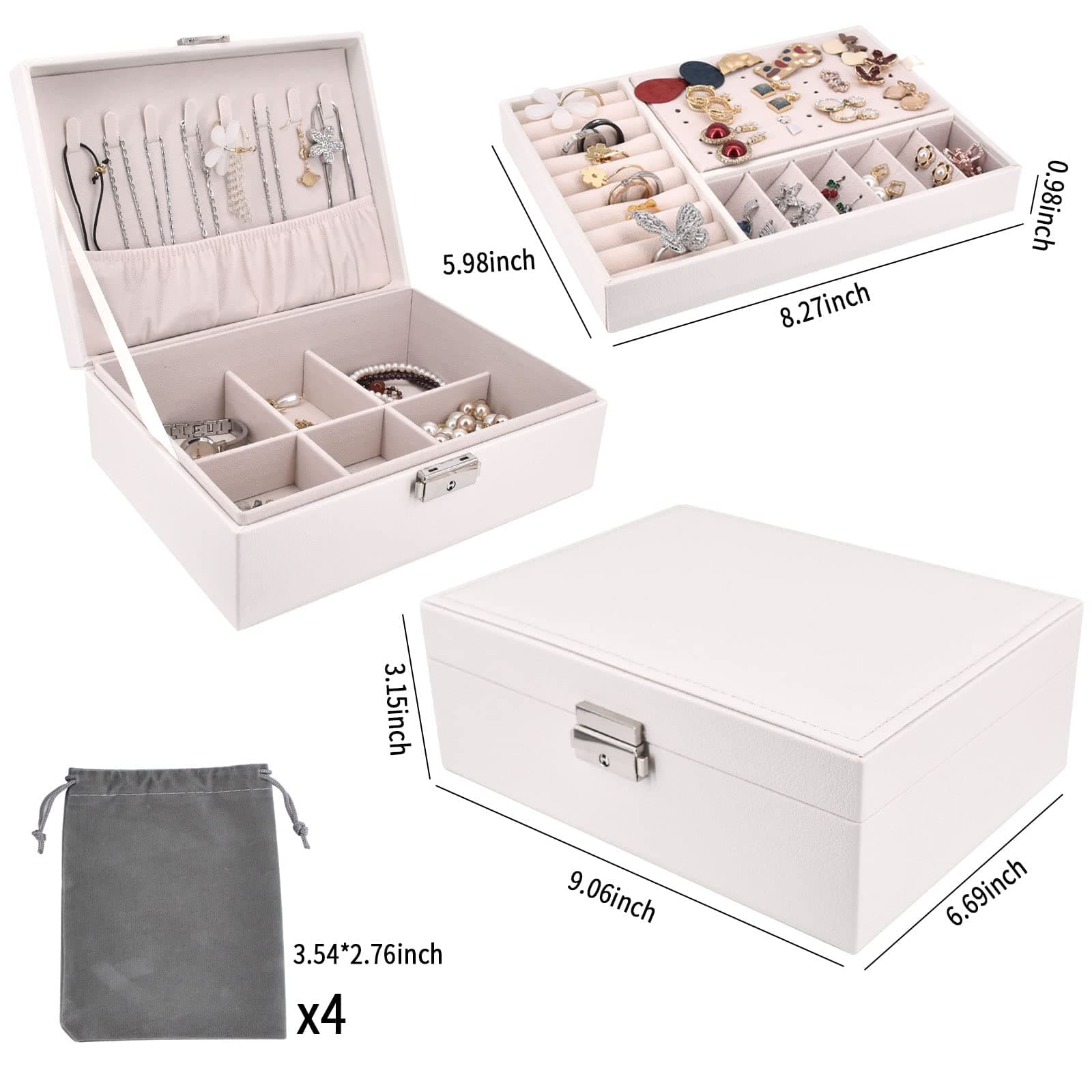 Estuche de Joyas, Caja Joyero con 4 Gris Cordón Bolsitas de Joyas para Pendientes, Guardar Joyas Accesorios Decoración Pulseras Anillos(Blanco) thumbnail 3