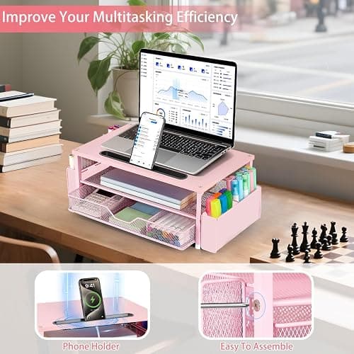 AUPSEN Pink Desk Organizers and Accessories, 2-Tier Wood Computer Monitor Stand with Drawer, Pen Storage & Phone Holder, Office Desk Accessories, Workspace Desktop Organization for Office Supplies thumbnail 4