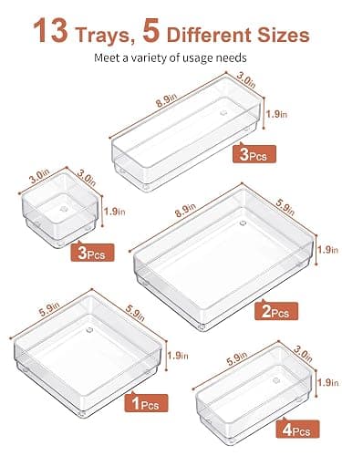 SMARTAKE 13-Piece Drawer Organizer with Non-Slip Silicone Pads, 5-Size Desk Drawer Organizer Trays Storage Tray for Makeup, Jewelries, Utensils in Bedroom Dresser, Office and Kitchen (Clear) thumbnail 3