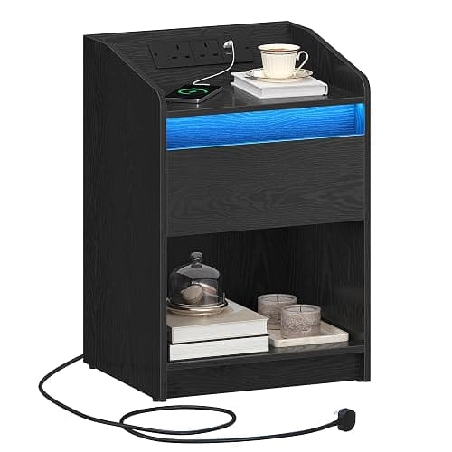 Hzuaneri Bedside Table with LED Light, Bedside Cabinet with Charging Station, 1 Storage Drawer Nightstand for Bedroom, Living Room, 2 USB Port, 2 Outlets, Open Compartment, Black NS04804X1UK - Image 1