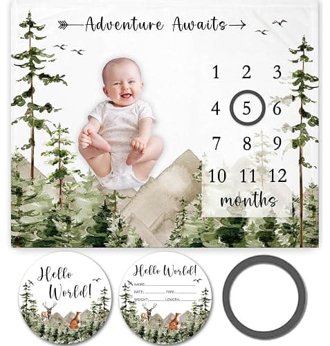 Yuzioey Adventure Awaits Baby Milestone Blanket with Birth Stat Sign, Mountain Baby Growth Chart Monthly Blanket, Watch Me Grow Adventure Nursery for New Moms Shower(50"x40") - Image 1