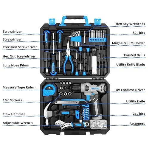 DEKOPRO Drill Set: Tool Set with 8V Blue Cordless Drill, Home Tool Kit with Drill, Hand Tool Kits for Women 126 Piece thumbnail 2