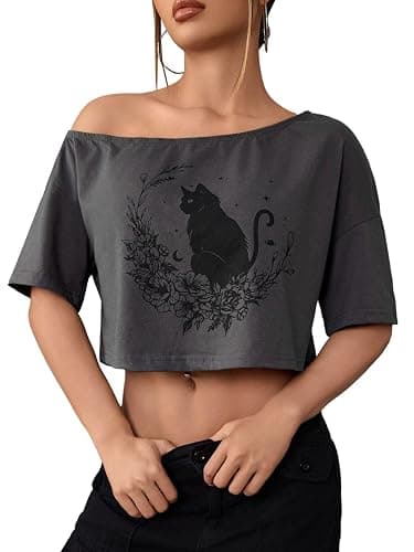 SOLY HUX Women's Off The Shoulder Crop Tops Graphic Tees Y2k Short Sleeve Loose Fit T Shirts Streetwear thumbnail 4