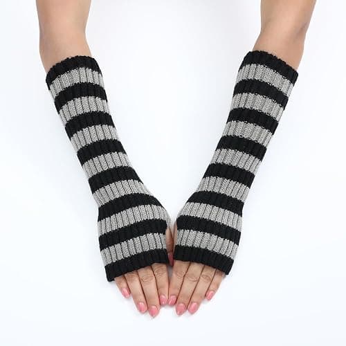 Y2k Striped Arm Warmers Long Fingerless Knitted Gloves Punk Gothic Alt Emo Scene Cool Winter Arm Sleeves Grunge Accessories thumbnail 3