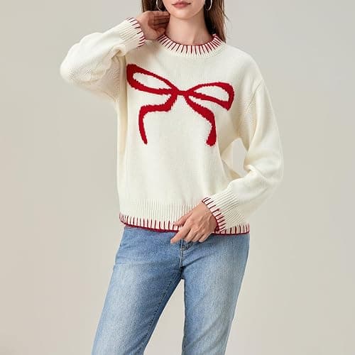 Women Cute Bow Sweater Long Sleeve Bow Front Knitted Pullover Oversized Jumper Ribbed Knitwear Y2k Going Out Top thumbnail 4