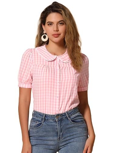 Allegra K Women's Summer Gingham Top Short Sleeve Button Down Peter Pan Collar Plaid Shirt - Image 1