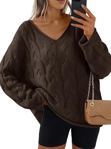 Trendy Queen Oversized Long Sleeve V Neck Cable Knit Sweaters - Image 1