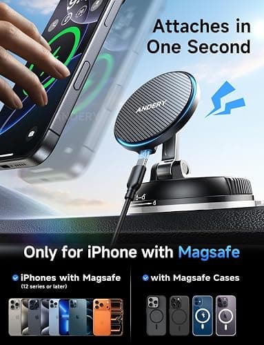 ANDERY Only for iPhone Magsafe Car Mount Charger [15W Fast Wireless Charging, 78+LBS Strong Suction 2400gf Strong Magnetic] 360° Adjustable Car Phone Holder, Phone Holders for Your Car for pats & mats thumbnail 7