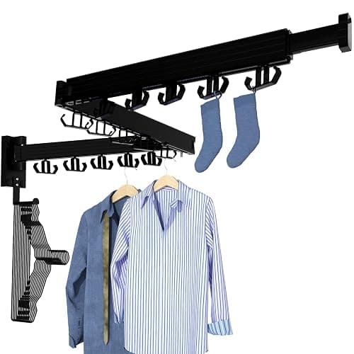 Kelisiting Clothes Drying Rack, Wall Mounted Laundry Drying Rack, Upgrade 3-Fold Foldable Collapsible Retractable Clothing Drying Rack with 12 Dual Hooks Organization for Laundry Room Indoor- Black thumbnail 6
