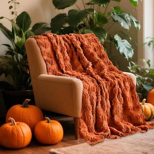 Fall Decor Pumpkin Throw Blanket - 50"x60" Rust Red Autumn Soft Blankets Halloween Decorations for Sofa Couch Home, Cozy Faux Fur Warm Pumpkin-Themed Thanksgiving Gifts for Living Room Bed Women Men - Rust Red Blanket - Image 1