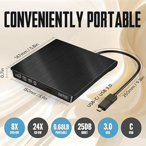 YOTUO External CD/DVD Drive, Portable USB 3.0 & USB-C CD RW Drive, DVD Player, DVD Burner for Laptop, Desktop, Compatible with Windows 7/8/10/11, Mac, MacBook Pro/Air, Linux (IDD029-2) thumbnail 5