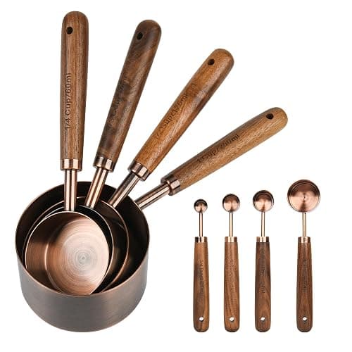 Smithcraft Copper Measuring Cups & Spoons Set 8, Stainless Steel Measuring Cups and Spoons Set for Baking and Kitchen, Metric & US Metal Measure Cup & Spoon with Wood Handle for Dry & Liquid - Image 1