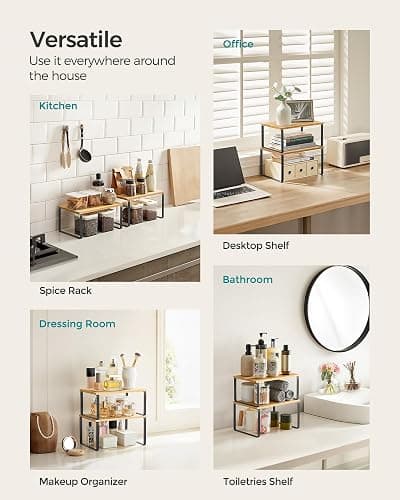 SONGMICS Cabinet Organizer Shelf, Set of 2 Kitchen Counter Shelves, Kitchen Storage, Spice Rack, Stackable, Expandable, Metal and Engineered Wood, Ink Black and Natural Beige UKCS02NB thumbnail 6